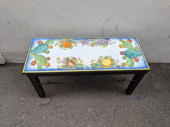 39'' x 16" Italian Volcanic Outdoor Bench with Iron Base - Cactus and Fruit on Blue - Image 2