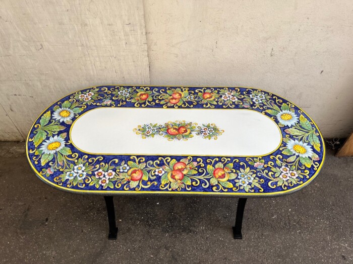 71” x 35” Italian Volcanic Table – Oval Daisy and Pom on Blue Full Center (SALE)