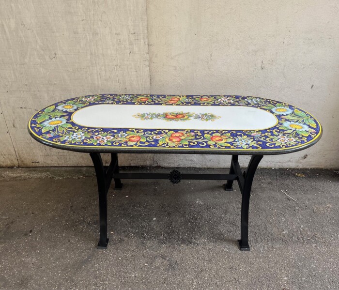 71” x 35” Italian Volcanic Table – Oval Daisy and Pom on Blue Full Center (SALE) - Image 2