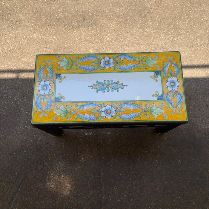 31'' x 16" Italian Volcanic Outdoor Bench with Iron Base - Flowers and Leaves on Yellow Full Center - Image 2