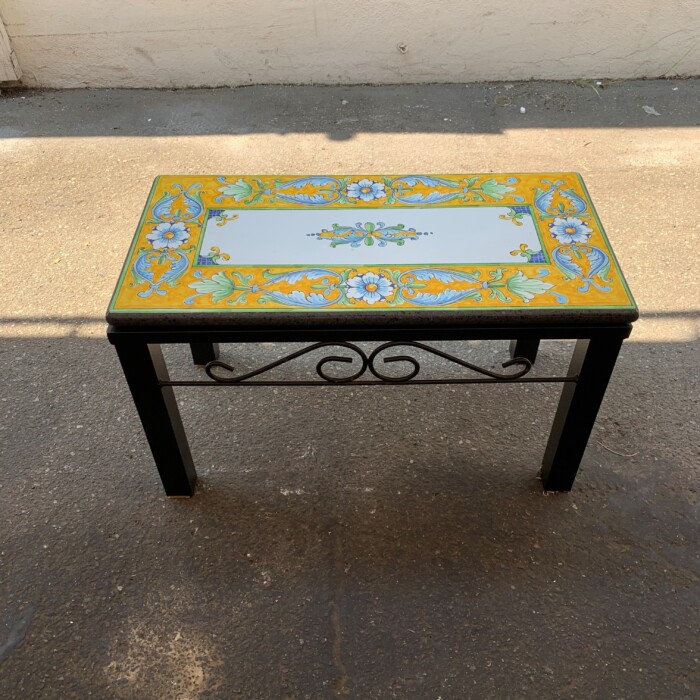 31'' x 16" Italian Volcanic Outdoor Bench with Iron Base - Flowers and Leaves on Yellow Full Center