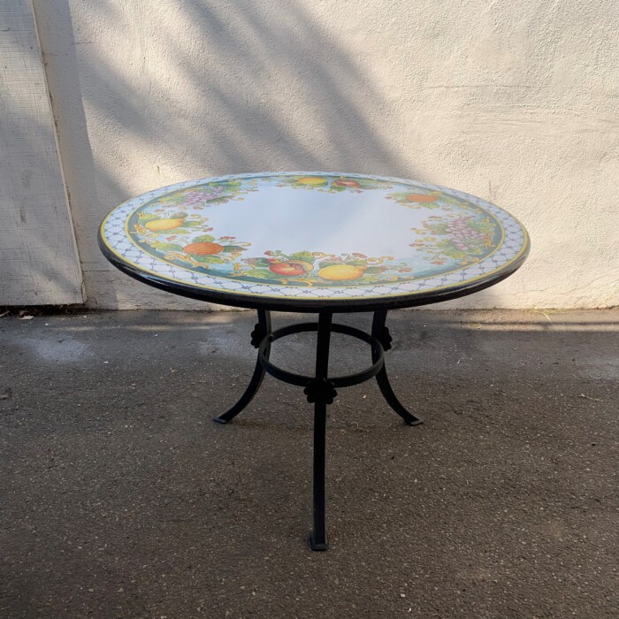 43" Italian Volcanic Stone Table - Mixed Fruit on Teal with Blue Hatch