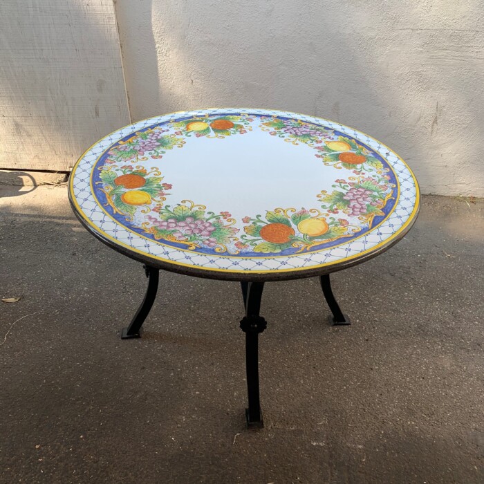 47" Italian Volcanic Table - Mixed Fruit on Blue with Hatch Border