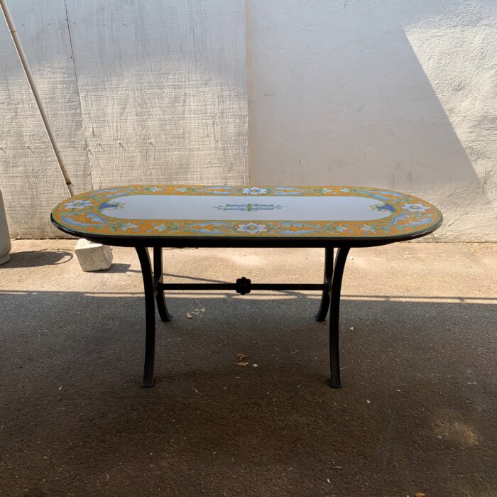 70” x 31” Italian Volcanic Table – Yellow Flowers and Leaves with Full Center