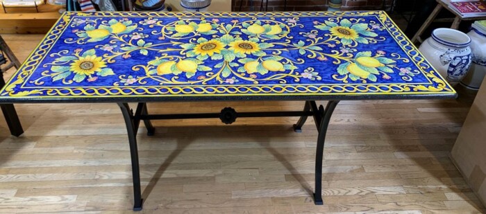 71” x 39” Italian Volcanic Table – Sunflowers and Lemons on Blue with Yellow Scroll Edge