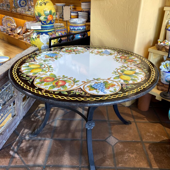 51" Italian Volcanic Table - Mixed Fruit on Black with Gold Braid Border