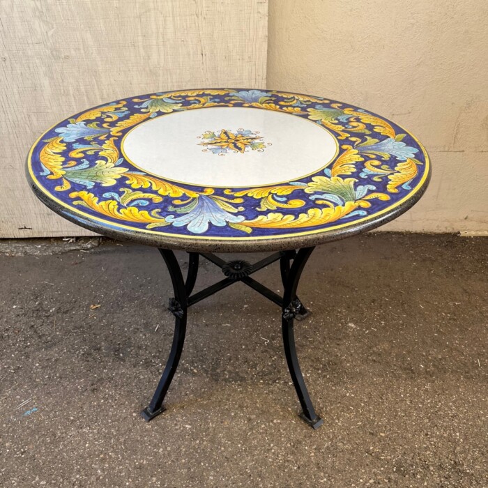 39" Italian Volcanic Table - Yellow and Blue Leaves on Blue with a Flower Center