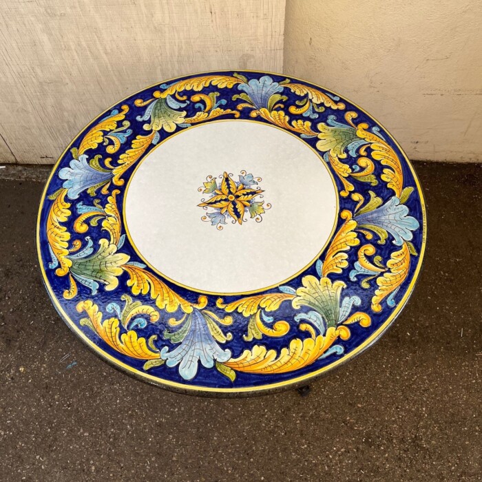 39" Italian Volcanic Table - Yellow and Blue Leaves on Blue with a Flower Center - Image 4