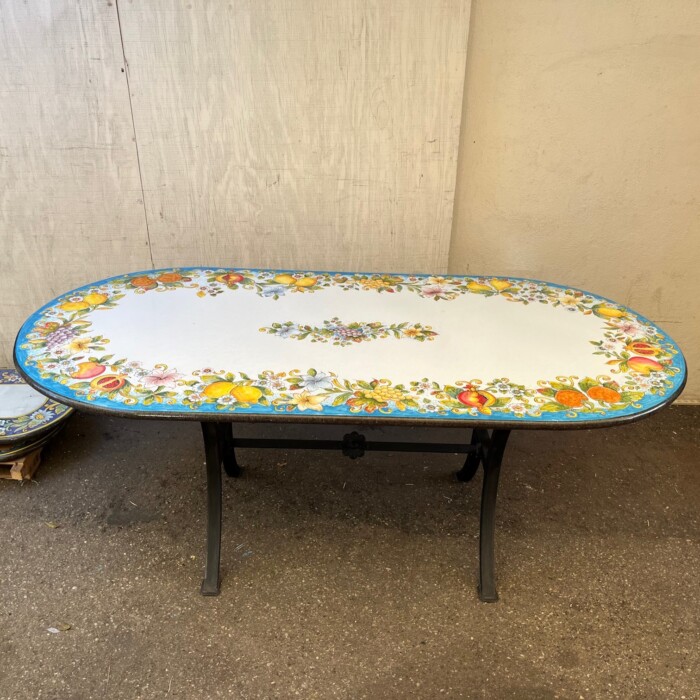 79" x 39" Italian Volcanic Table Oval - Fruit and Flowers on Medium Blue