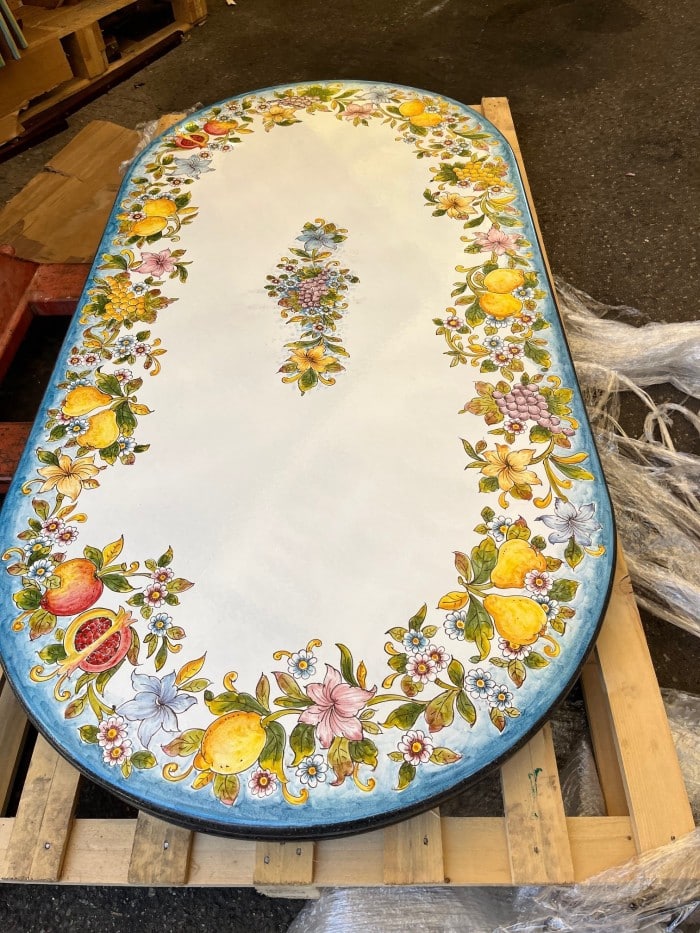 79" x 39" Italian Volcanic Table Oval - Fruit and Flowers on Medium Blue - Image 2