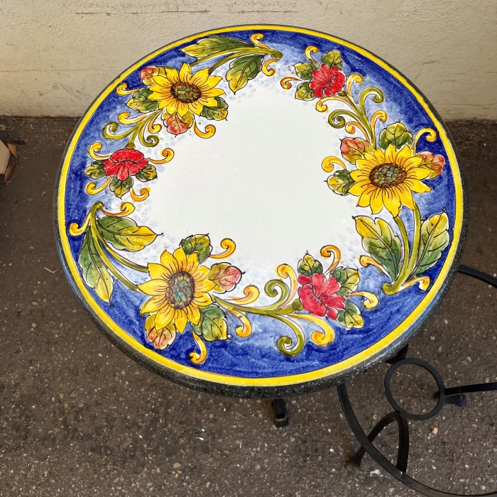 20'' Italian Volcanic Table - Poppies and Sunflowers on Blue - Image 4