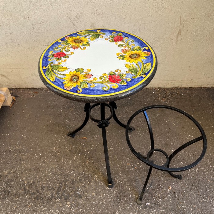 20'' Italian Volcanic Table - Poppies and Sunflowers on Blue