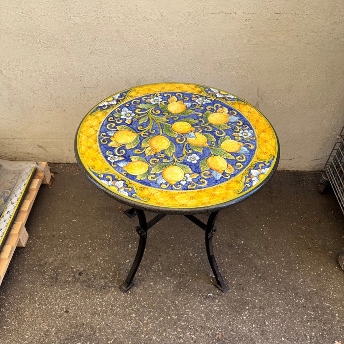 31.5″ Italian Volcanic Table – Lemons on Blue with Flower Cut-outs - Image 3