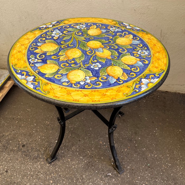 31.5″ Italian Volcanic Table – Lemons on Blue with Flower Cut-outs - Image 2