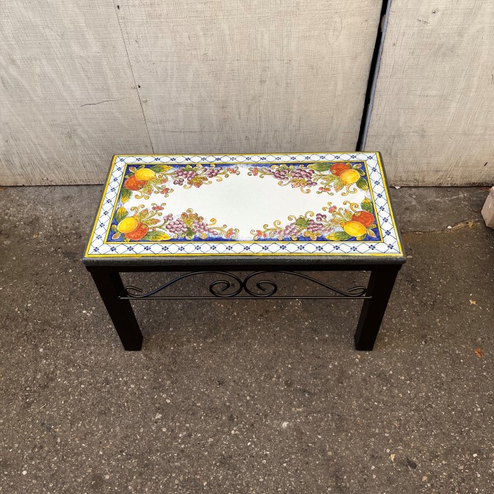 31'' x 16" Italian Volcanic Outdoor Bench with Iron Base - Mixed Fruit on Blue with Hatch Border and White Center - Image 2