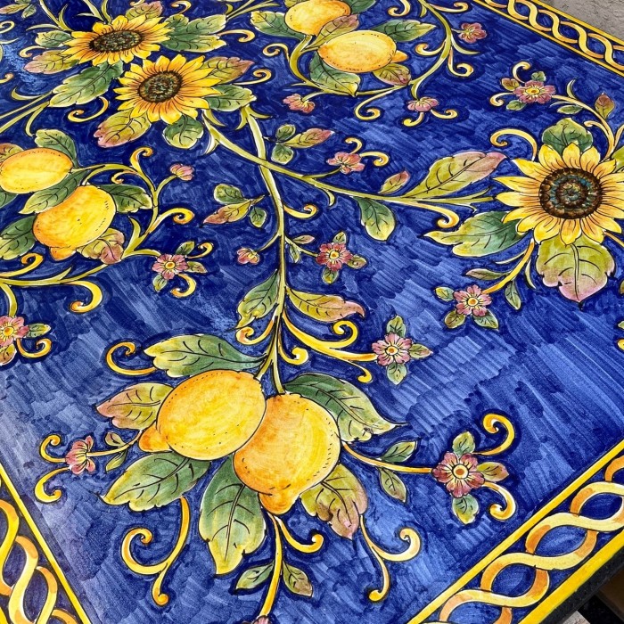 71” x 39” Italian Volcanic Table – Sunflowers and Lemons on Blue with Yellow Scroll Edge - Image 5