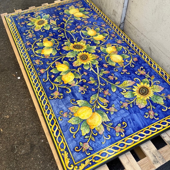 71” x 39” Italian Volcanic Table – Sunflowers and Lemons on Blue with Yellow Scroll Edge - Image 4