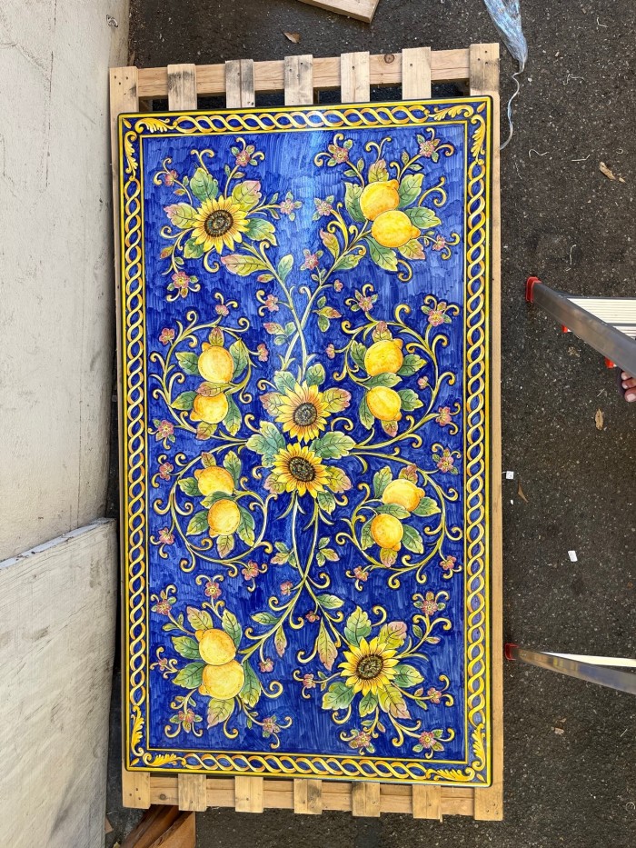 71” x 39” Italian Volcanic Table – Sunflowers and Lemons on Blue with Yellow Scroll Edge - Image 3