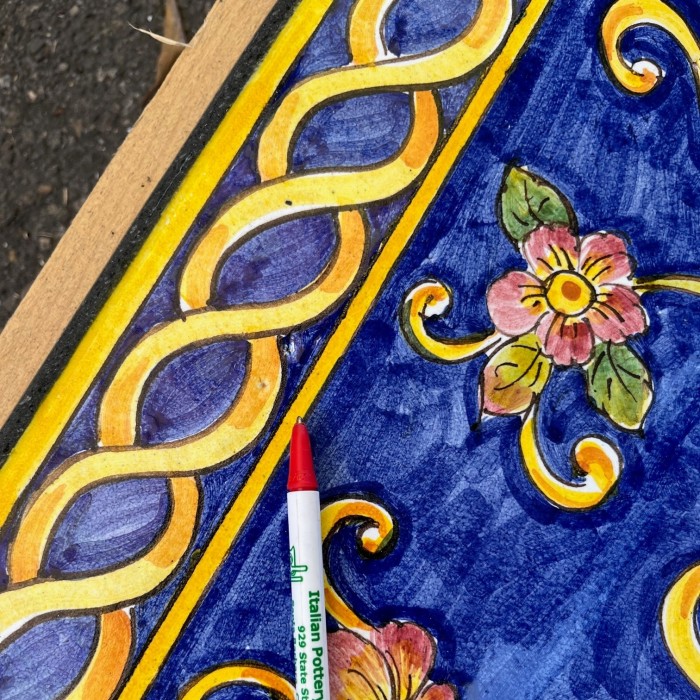 71” x 39” Italian Volcanic Table – Sunflowers and Lemons on Blue with Yellow Scroll Edge - Image 2