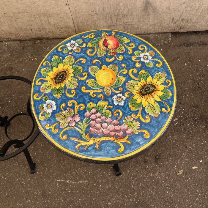 20'' Italian Volcanic Table - Full Sunflower and Fruit on Medium Blue