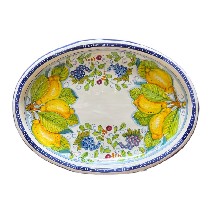 Tuscan Oval Platter - Lemons and Small Grapes on White