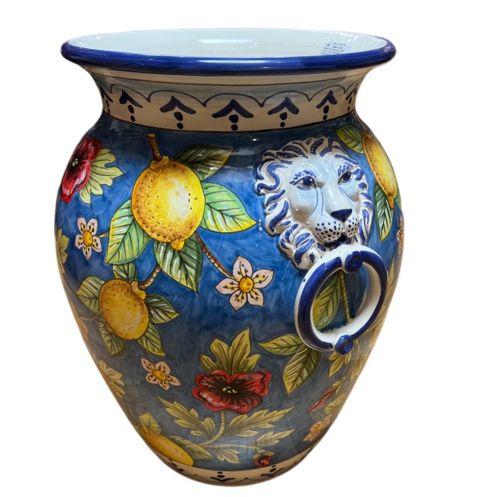 Lemons and Poppies on Blue Urn with Handles - Image 3