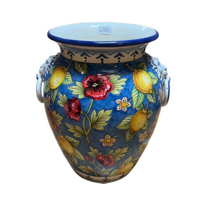 Lemons and Poppies on Blue Urn with Handles - Image 2