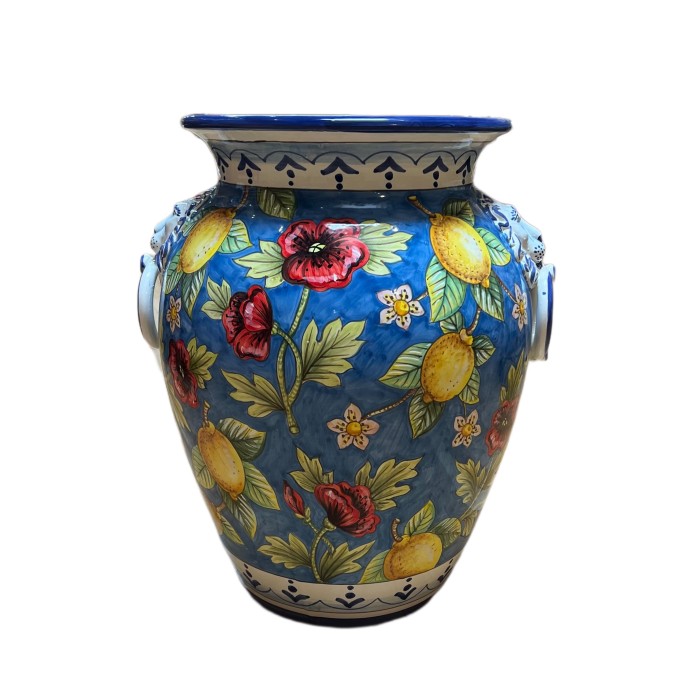 Lemons and Poppies on Blue Urn with Handles