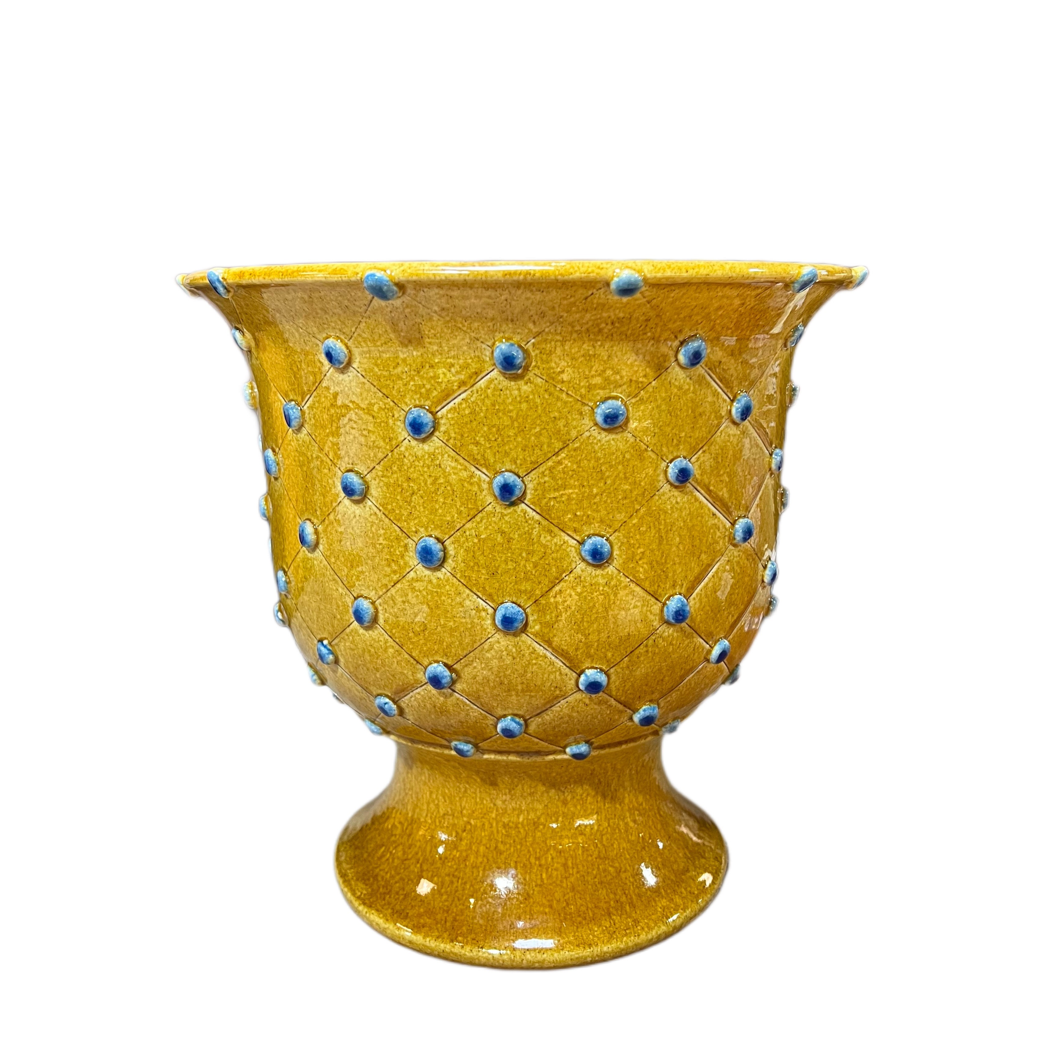 Caramel Footed Cachepot with Blue Dots - Italian Pottery Outlet