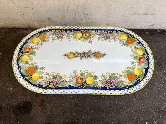 SALE 79" x 39" Italian Volcanic Table Oval - Mixed Fruit on Blue with Hatch Boarder SALE