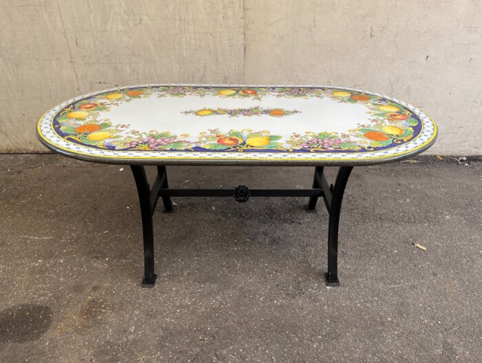 SALE 79" x 39" Italian Volcanic Table Oval - Mixed Fruit on Blue with Hatch Boarder SALE - Image 3