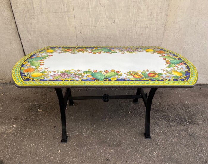 71"x39" Italian Volcanic Table- Oblong W/ Cactus & Fruit On Blue, Scroll Edge