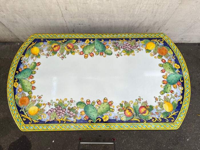 71"x39" Italian Volcanic Table- Oblong W/ Cactus & Fruit On Blue, Scroll Edge - Image 3