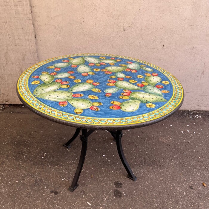 43" Italian Volcanic Stone Table - Cactus on Medium Blue with Scroll Edge