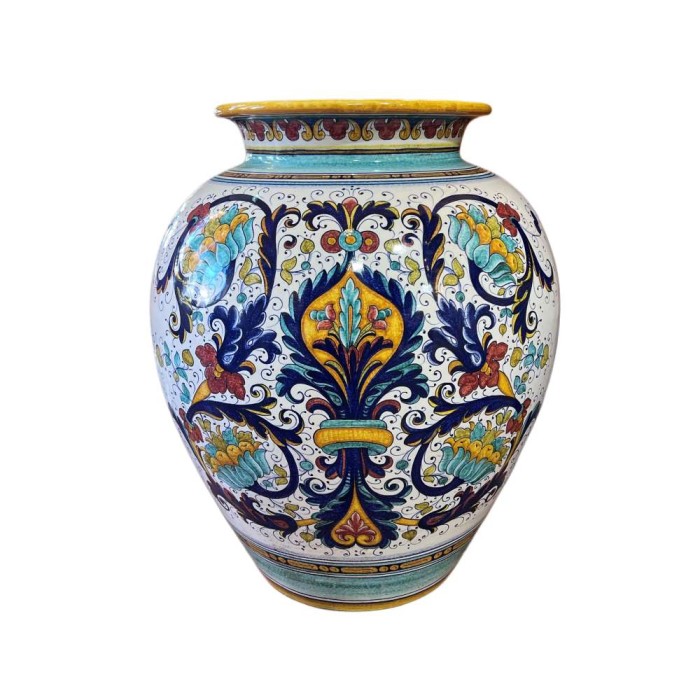 ricco patterned large urn with deep colors, made in deruta, italy